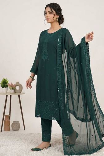 Dark-green georgette embroidered kurta set