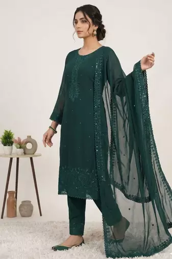 Dark-green georgette embroidered kurta set
