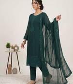 Dark-green georgette embroidered kurta set