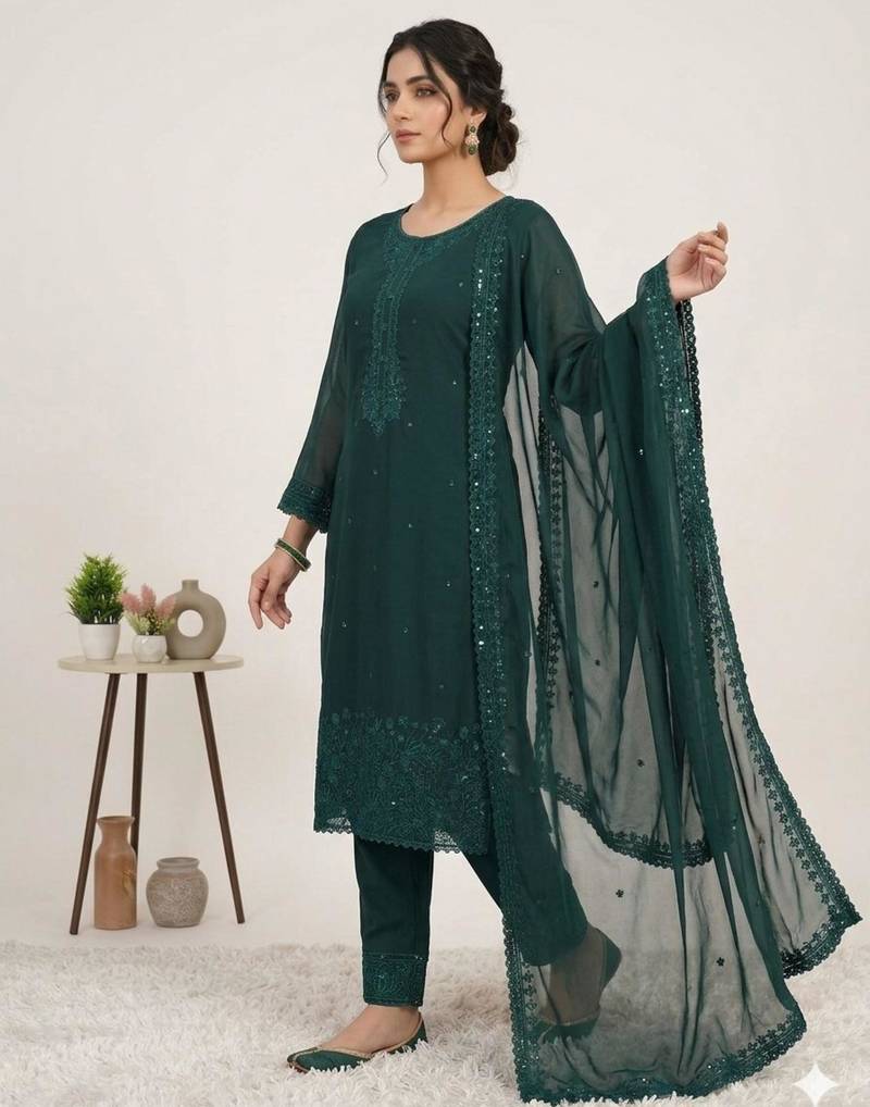 Dark-green georgette embroidered kurta set