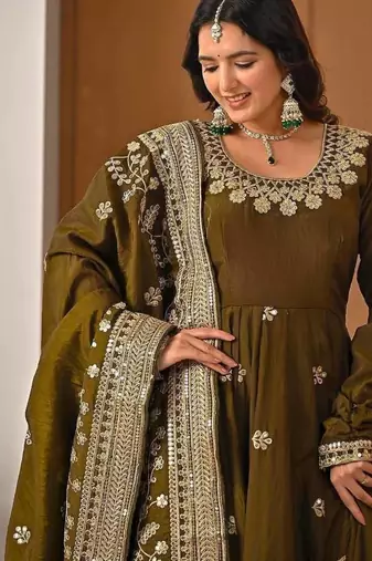 green faux blooming embroidered anarkali suit stitched