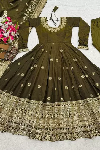 green faux blooming embroidered anarkali suit stitched