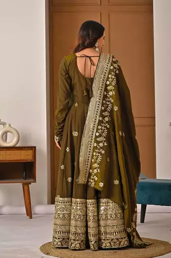 green faux blooming embroidered anarkali suit stitched