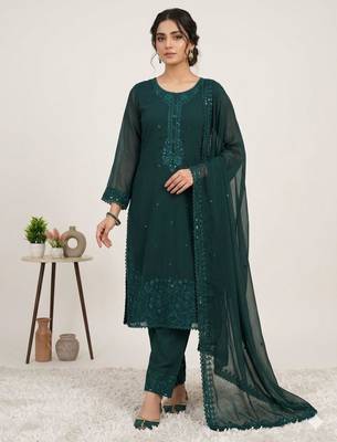 Dark-green georgette embroidered kurta set 2