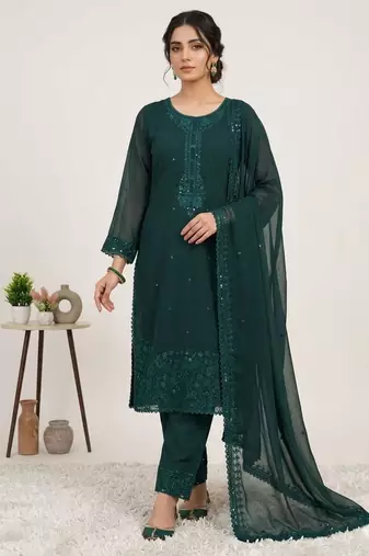 Dark-green georgette embroidered kurta set