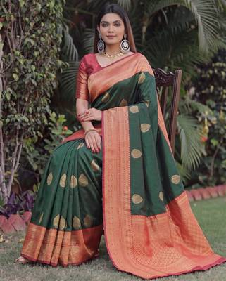 GREEN RED ART SILK BANARASI JACUARD WORK SAREE WITH UNSTITCHED BLOUSE PIECE 3