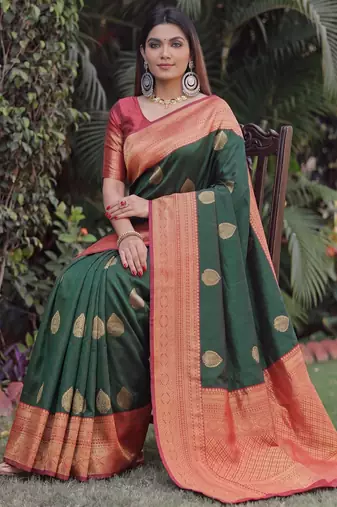 GREEN RED ART SILK BANARASI JACUARD WORK SAREE WITH UNSTITCHED BLOUSE PIECE