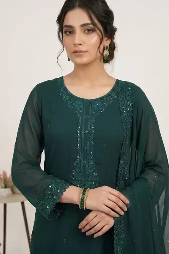Dark-green georgette embroidered kurta set