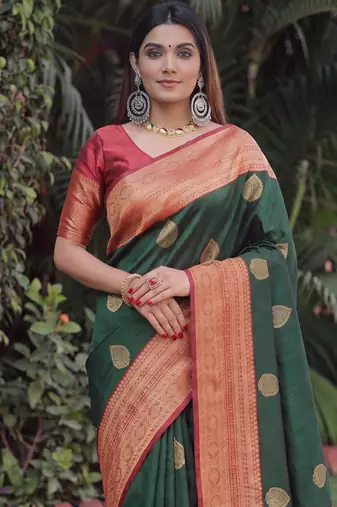 GREEN RED ART SILK BANARASI JACUARD WORK SAREE WITH UNSTITCHED BLOUSE PIECE