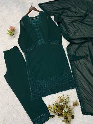 Dark-green georgette embroidered kurta set 4