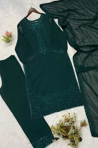 Dark-green georgette embroidered kurta set