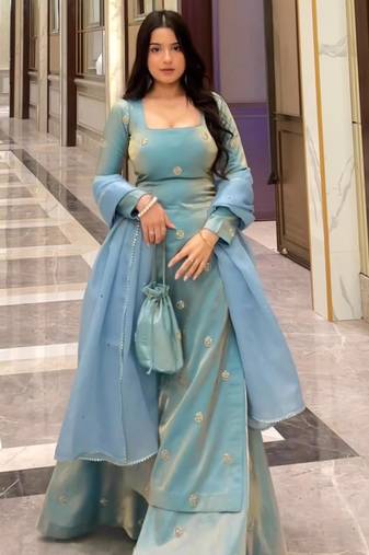 Blue silk blend plain palazzo set