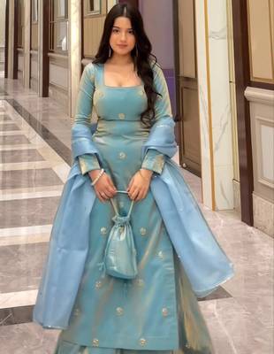 Blue silk blend plain palazzo set 2