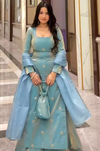 Blue silk blend plain palazzo set