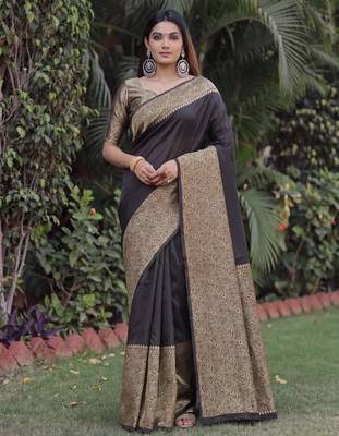 BLACK ART SILK BANARASI JACUARD WORK SAREE WITH UNSTITCHED BLOUSE PIECE 1