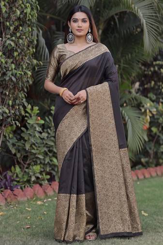 BLACK ART SILK BANARASI JACUARD WORK SAREE WITH UNSTITCHED BLOUSE PIECE