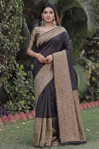 BLACK ART SILK BANARASI JACUARD WORK SAREE WITH UNSTITCHED BLOUSE PIECE
