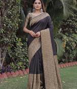 BLACK ART SILK BANARASI JACUARD WORK SAREE WITH UNSTITCHED BLOUSE PIECE