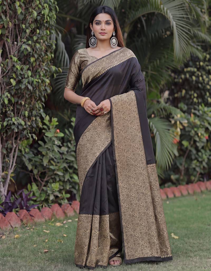 BLACK ART SILK BANARASI JACUARD WORK SAREE WITH UNSTITCHED BLOUSE PIECE