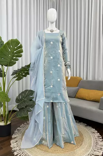 Blue silk blend plain palazzo set