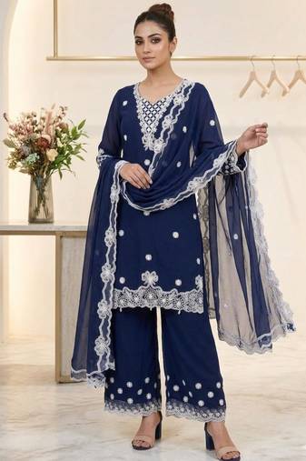 Navy-blue georgette embroidered palazzo set