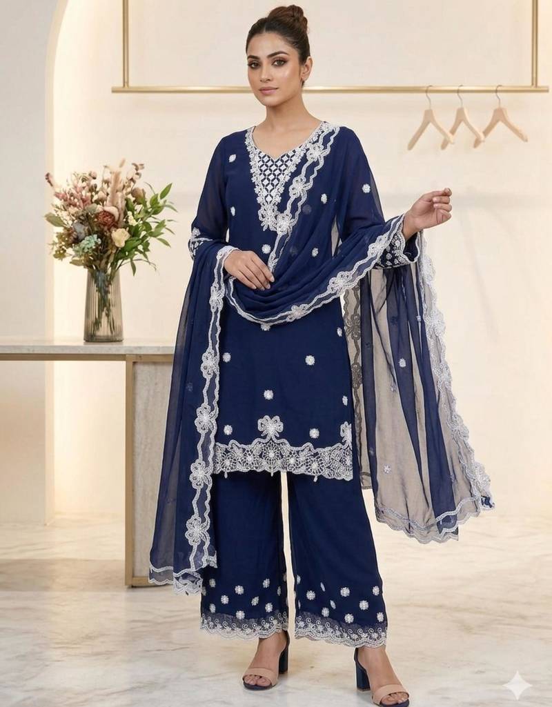 Navy-blue georgette embroidered palazzo set