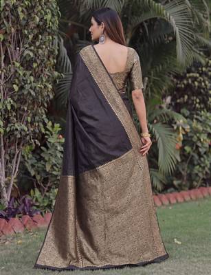 BLACK ART SILK BANARASI JACUARD WORK SAREE WITH UNSTITCHED BLOUSE PIECE 2
