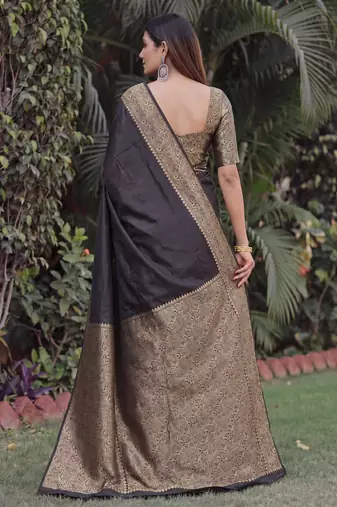 BLACK ART SILK BANARASI JACUARD WORK SAREE WITH UNSTITCHED BLOUSE PIECE
