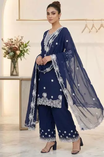 Navy-blue georgette embroidered palazzo set