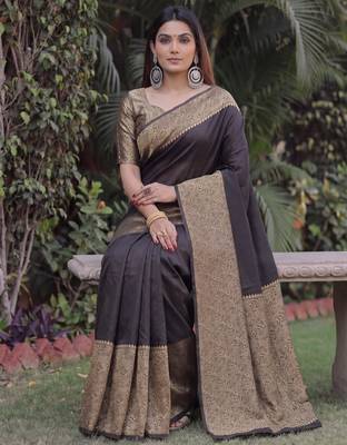 BLACK ART SILK BANARASI JACUARD WORK SAREE WITH UNSTITCHED BLOUSE PIECE 3