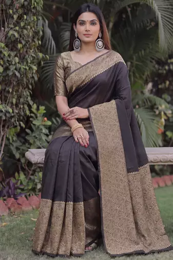 BLACK ART SILK BANARASI JACUARD WORK SAREE WITH UNSTITCHED BLOUSE PIECE