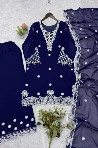 Navy-blue georgette embroidered palazzo set