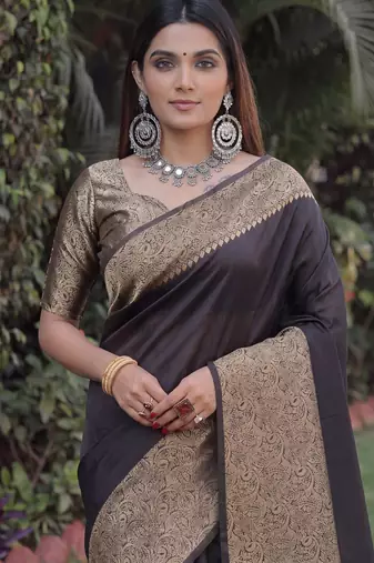 BLACK ART SILK BANARASI JACUARD WORK SAREE WITH UNSTITCHED BLOUSE PIECE