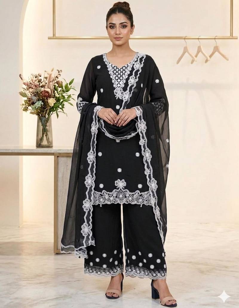 Black georgette embroidered palazzo set