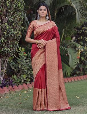 MAROON ART SILK BANARASI JACUARD WORK SAREE WITH UNSTITCHED BLOUSE PIECE 1