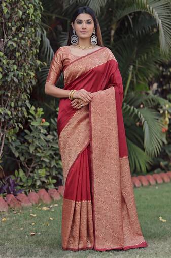 MAROON ART SILK BANARASI JACUARD WORK SAREE WITH UNSTITCHED BLOUSE PIECE