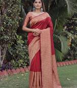 MAROON ART SILK BANARASI JACUARD WORK SAREE WITH UNSTITCHED BLOUSE PIECE