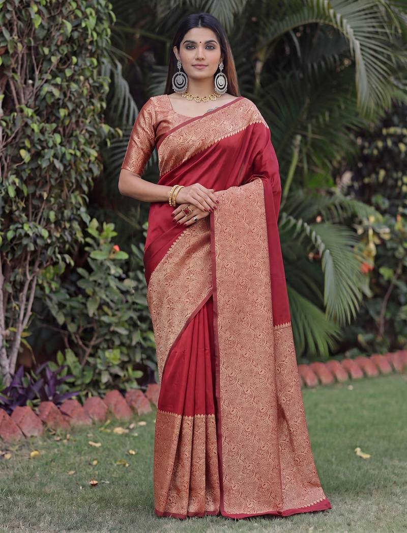 MAROON ART SILK BANARASI JACUARD WORK SAREE WITH UNSTITCHED BLOUSE PIECE