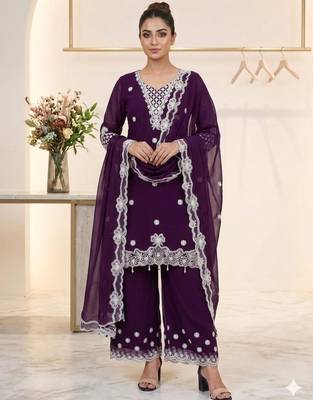Plum georgette embroidered palazzo set 1