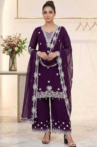 Plum georgette embroidered palazzo set