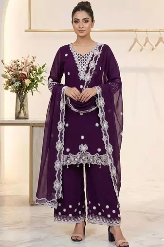 Plum georgette embroidered palazzo set
