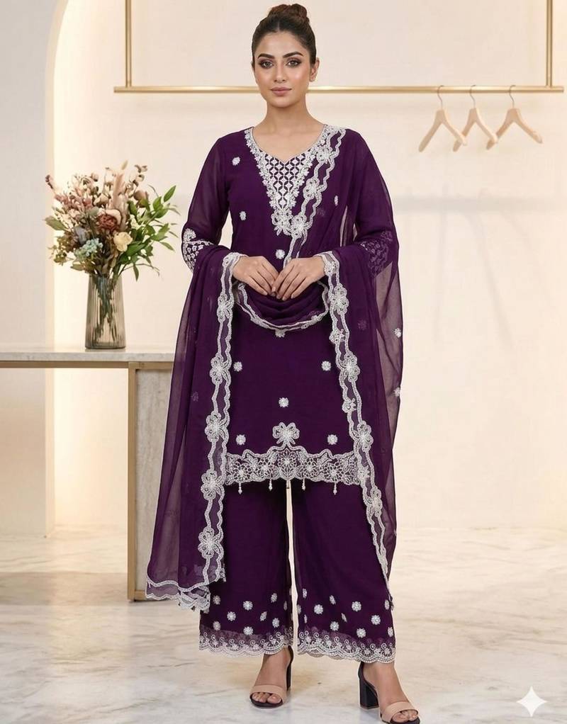 Plum georgette embroidered palazzo set