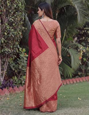 MAROON ART SILK BANARASI JACUARD WORK SAREE WITH UNSTITCHED BLOUSE PIECE 2