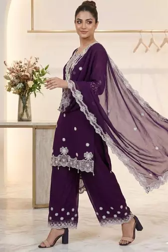 Plum georgette embroidered palazzo set