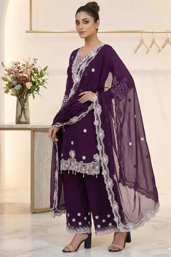 Plum georgette embroidered palazzo set