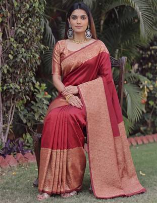 MAROON ART SILK BANARASI JACUARD WORK SAREE WITH UNSTITCHED BLOUSE PIECE 3
