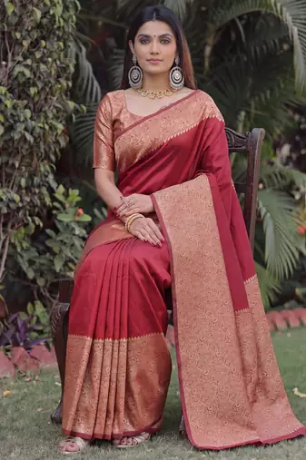 MAROON ART SILK BANARASI JACUARD WORK SAREE WITH UNSTITCHED BLOUSE PIECE