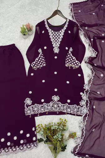 Plum georgette embroidered palazzo set