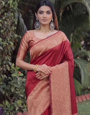 MAROON ART SILK BANARASI JACUARD WORK SAREE WITH UNSTITCHED BLOUSE PIECE 4