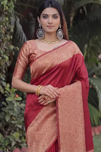 MAROON ART SILK BANARASI JACUARD WORK SAREE WITH UNSTITCHED BLOUSE PIECE